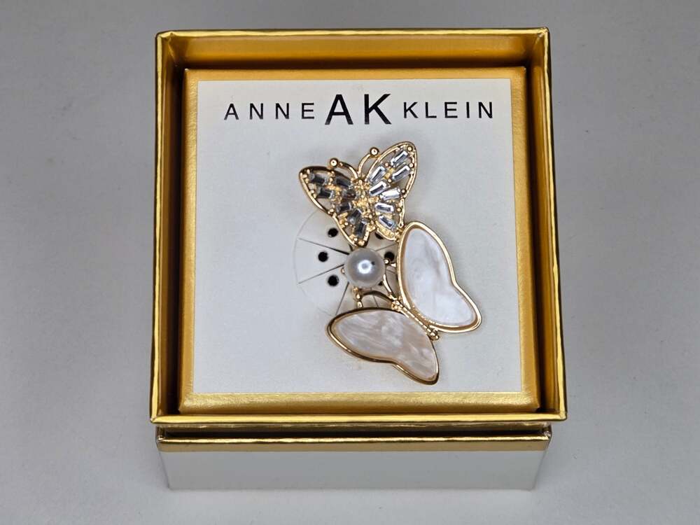 Anne Klein Gold-Tone Rhinestone Faux Mother-of-Pearl Butterfly Pearl Brooch Pin